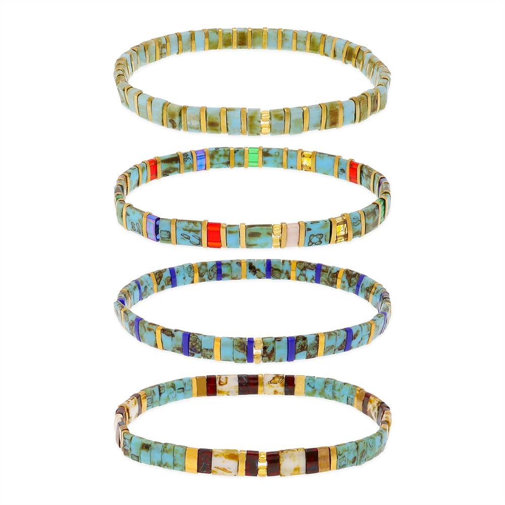 Tyebiva Tila Flat Beaded Bracelets Set for Women, 4Pcs Trendy Handmade Glass Turquoise Colorful Stack Beads Stretch Bracelet Festive Holiday Accessories Jewelry Gift.