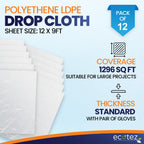 Ecotez 12 Pack 12 x 9 ft Extra Large Plastic Drop Cloth for Painting - Light & Durable Tarp Cover for Furniture - Plastic Clear Tarp Waterproof - Paint Floor Covering - Painters Drop Cloth Sheeting