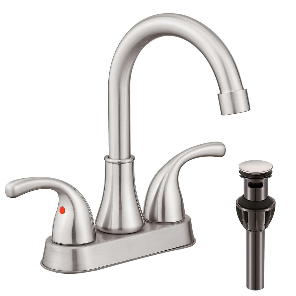 Bathroom Sink Faucet FRANSITON 4 Inch Faucet 2 Handle Bathroom Sink Faucets Lead-Free Brushed Nickel Bath Sink Faucets with Pop-up Drain Stopper and Supply Hoses