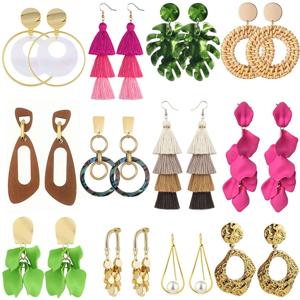 12 Pairs Acrylic Rose Petal Earrings Boho Rattan Earrings Tassel Dangle Earrings for Women Jewelry Set﻿ (Style2)