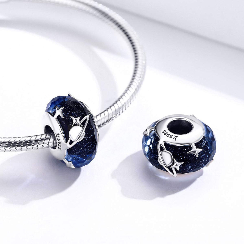 BISAER 925 Sterling Silver Murano Glass Charms Lampwork Star Beads Charm for Bracelet Blue Planet