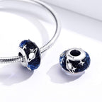 BISAER 925 Sterling Silver Murano Glass Charms Lampwork Star Beads Charm for Bracelet Blue Planet