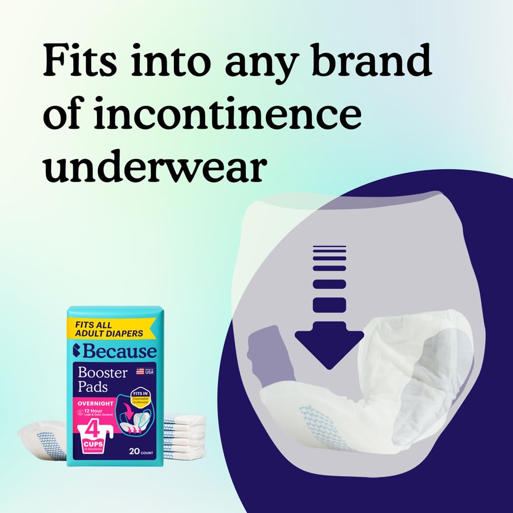 Because Overnight Booster Pads Fit All Adult Diapers, Helps Keep Your Adult Diaper Active All Night, Adds 4 Cups to Incontinence Underwear, Extra Absorbency, 22 Count (Packaging May Vary)