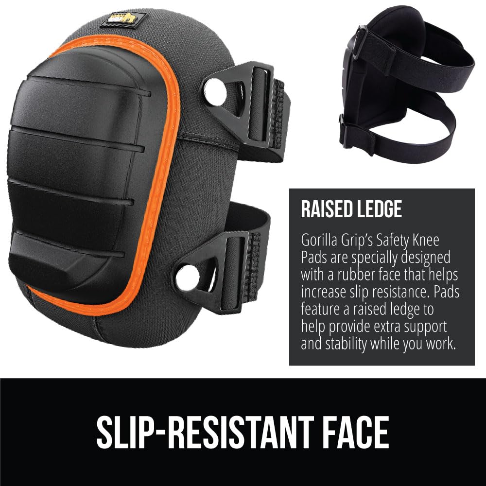 GORILLA GRIP® Knee Pads for Work, All Day Comfort Gel Cushion and Soft Foam for Men and Women, Slip Resistant Heavy Duty Hard Cap, Adjustable Straps for Flooring, Construction and Gardening, Orange