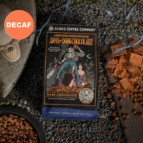 Bones Coffee Company Decaf Army Of Dark Chocolate Flavored Coffee Beans, Dark Roast Ground Coffee Low Acid Decaffeinated (12 oz)