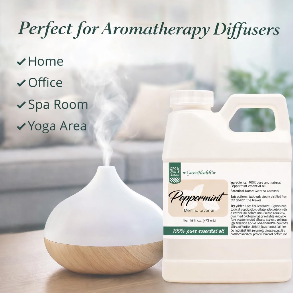 GreenHealth Peppermint Essential Oil – 16 fl oz | 100% Pure & Uncut | Heavy-Duty Plastic Jug | FDA Compliant, Space-Saving Container | for Aromatherapy, Soap, Candles, Cleaning, DIY
