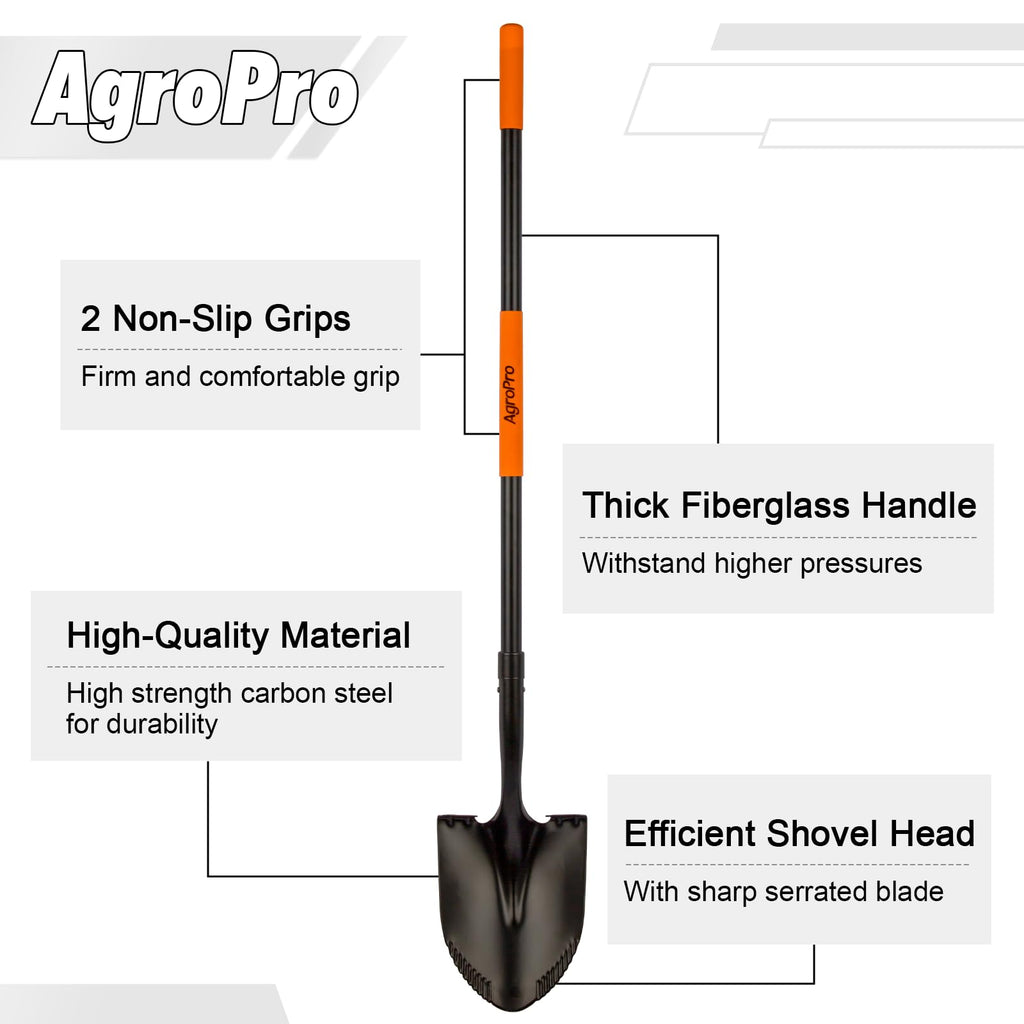 AgroPro Heavy Duty Shovel, 58 Inches, Black, High Carbon Steel, Fiberglass Handle, Modern Style