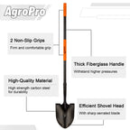 AgroPro Heavy Duty Shovel, 58 Inches, Black, High Carbon Steel, Fiberglass Handle, Modern Style