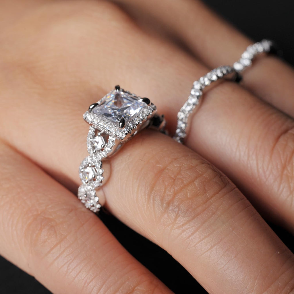 RYANEE Princess Cut Cubic Zirconia Halo Promise Engagement Ring For Women in 925 Sterling Silver, Simulated Diamond 14k White Gold Plated CZ Stackable Rings For Her, Wedding Band Bridal Ring Set 7