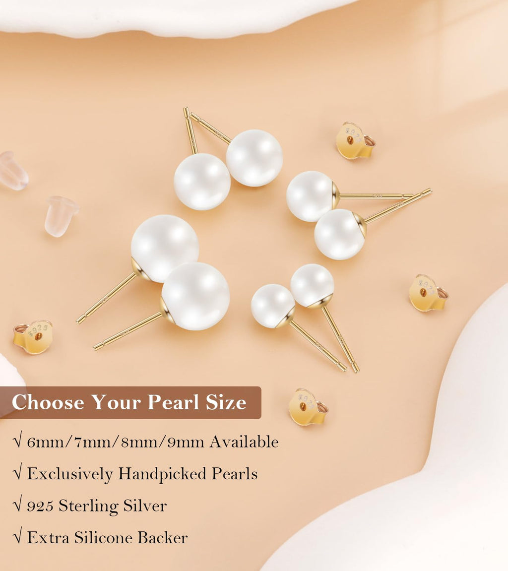 HAINBAG 9mm Pearl Earrings for Women, Hypoallergenic 925 Silver Post Studs