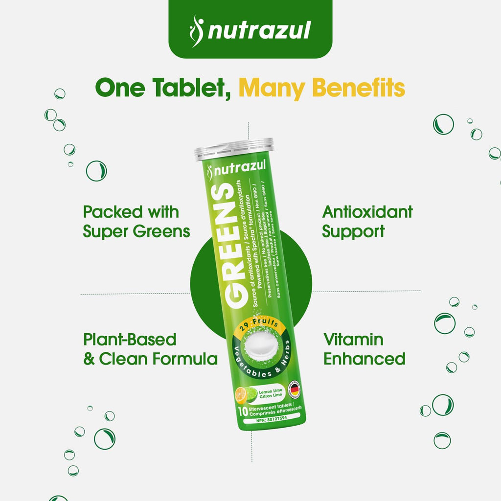 nutrazul Greens Effervescent Tablets - Daily Super Greens Supplement with 29 Superfoods - Antioxidant & Immune Support - Lemon Lime Flavor - Non-GMO - 30 Tablets