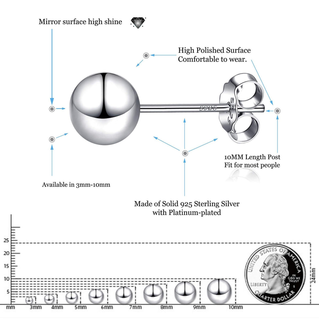 EVERU 3-10mm 925 Sterling Silver Classic Round Ball Stud Earring(10mm)