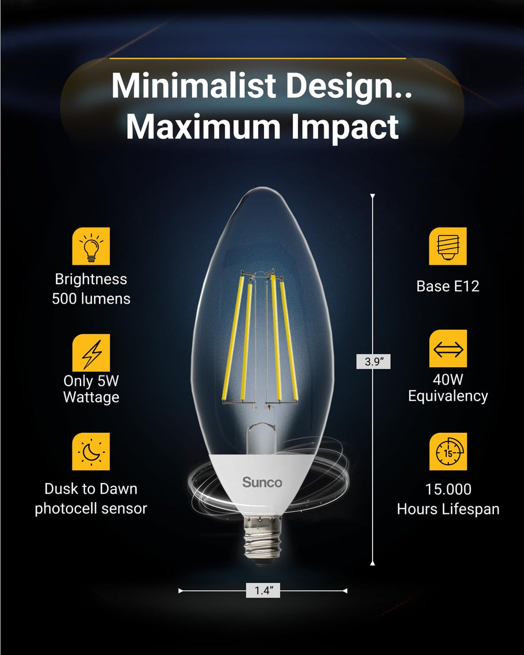 6 Pack Dusk to Dawn LED Outdoor Light Bulb B11, Edison Filament Candelabra Bulbs for Porch Lighting, 500 LM, 5W (40W Equivalent), 5000K Daylight, E12 Base, Photocell Sensor UL