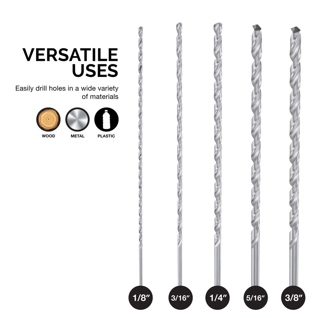 NEIKO 10047A Extra Long Drill Bit Set | 5-Piece | M2 HSS Steel | 12-Inch Length | 1/8, 3/16, 1/4, 5/16, and 3/8-Inch