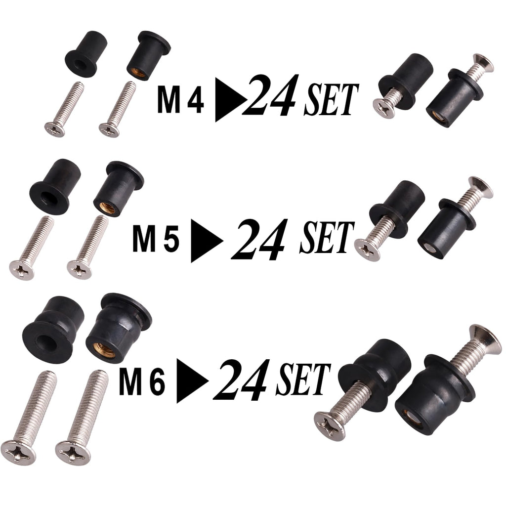 WEDAMER 72 Pairs M4 M5 M6 Neoprene Well Nuts with Stainless Steel Screw M5 Rubber Well Nuts Kayak Brass Copper Bolts Well Nut Kit for Kayak Motorcycle Boat Marine Windscreen Accessories (M4 M5 M6)