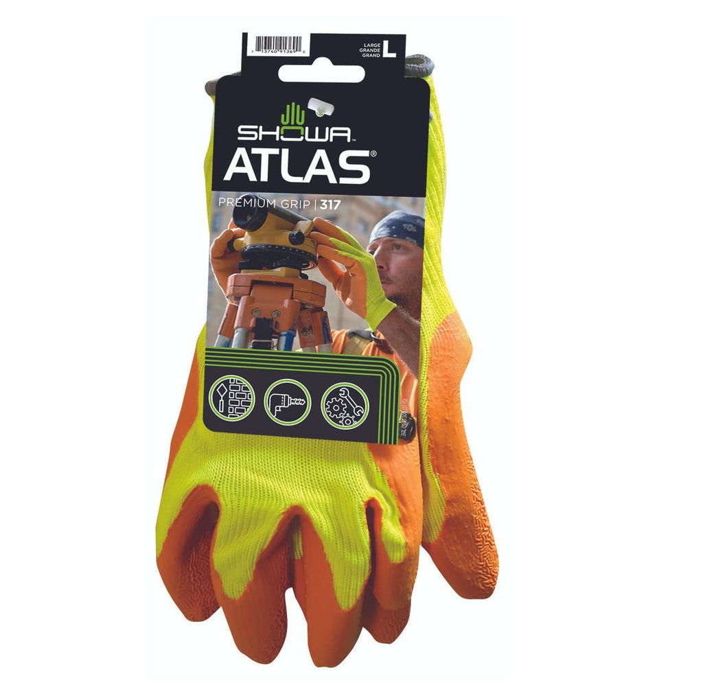 SHOWA Atlas 317 Original 1994 Crinkle Grip Work Gloves, Natural Latex Palm, Heavy Duty 10-Gauge for Construction, Landscaping, Gardening, & Masonry, Hi-Vis Yellow, Medium, 1-Pair