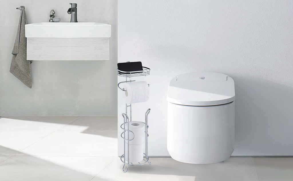 SunnyPoint Bathroom Heavyweight Toilet Tissue Paper Roll Storage Holder Stand with Reserve and Shelve, The Reserve Area Has Enough Space to Store Mega Rolls. (Chrome)