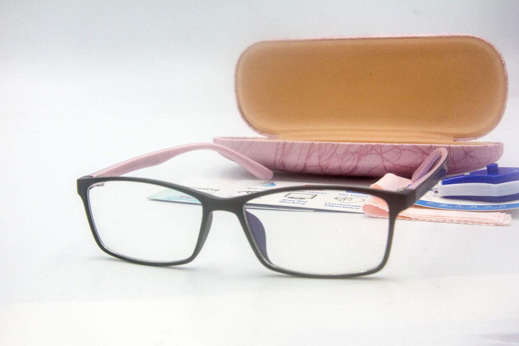 Women Anti Blue Light Glasses Block Eye Strain Glare with Case Tester, Gaming Computer Glasses Blue Light Block Glasses Filter UV Blocker Clear Lens Small Face Narrow Rectangle Nerd Frame Pink Black