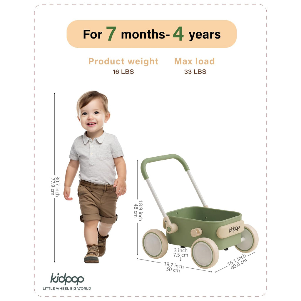 PULA Baby Push Walker with Wheels Toddler Wagon for First Learner Baby Toys 6-12 Months, 1 Year Old Birthday Gifts, Indoors and Outdoors (Green)