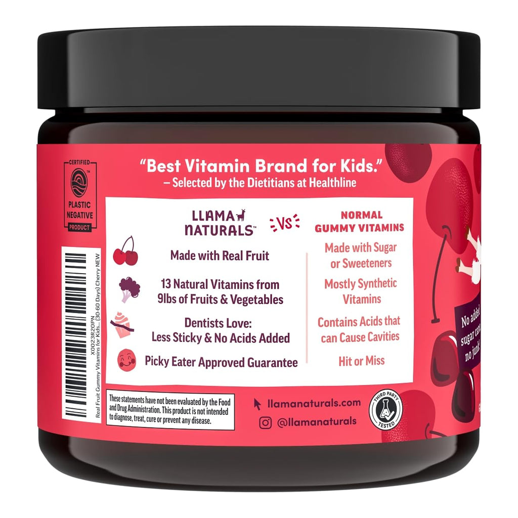 Llama Naturals Kids Multivitamin Gummies | Real Fruit, No Added Sugar Cane | Organic Vegan Toddler Whole Food Vitamins | Vitamin D, C & Beta Carotene Gummy Supplement | Cherry 180 Ct (2-3 Months)