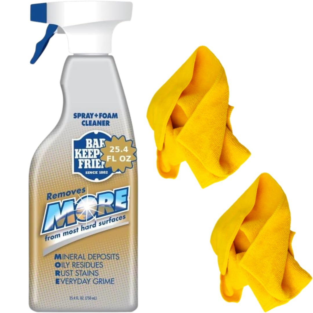 Bar-Keeper's-Friend -More-Spray-Foam-Cleaner + 2 Yellow Microfiber Towels – Hard Water Stain Remover