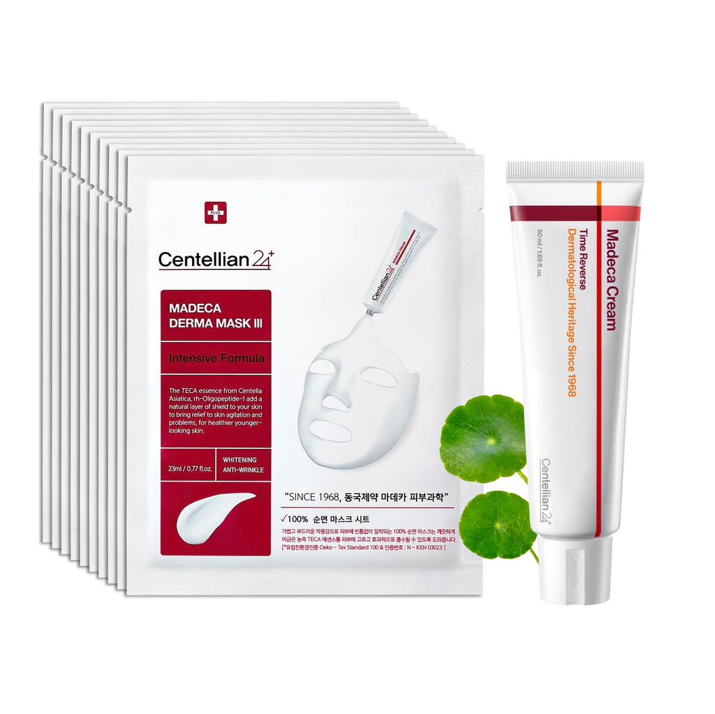 CENTELLIAN 24 Madeca Cream Time Reverse 50ml + Madeca Derma Mask 3(Intensive) 10pc – Hydrating, Firming, Wrinkle Care Set with Centella Asiatica, TECA & Madecassoside for nourished, soothed
