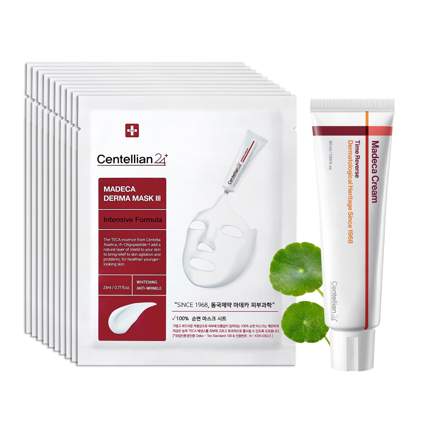 CENTELLIAN 24 Madeca Cream Time Reverse 50ml + Madeca Derma Mask 3(Intensive) 10pc – Hydrating, Firming, Wrinkle Care Set with Centella Asiatica, TECA & Madecassoside for nourished, soothed