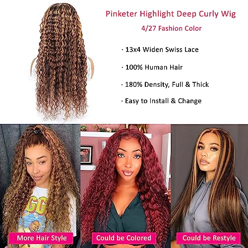 Ombre Highlight Deep Wave Lace Front Wigs Human Hair 4/27 Color 13x4 Curly Lace Front Wigs for Black Women 180% Density Human Hair wigs Pre Plucked with Baby Hair (4/27 Deep Wave Wig,18 Inch)