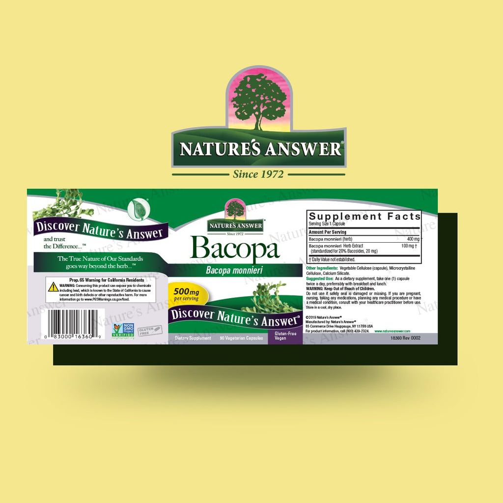 Nature's Answer Bacopa Monnieri | Helps Improve Memory | NON-GMO| No Preservatives | Gluten-Free, Vegan & Vegetarian – 500mg (90 Capsules)