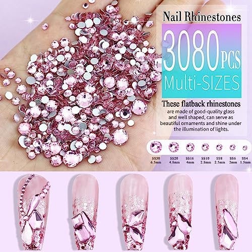 Dowarm 3200PCS Nail Art Rhinestones, Light Pink Flatback Rhinestones for Nails, Crafts, 12 Styles 3D Glass Crystal Nail Gems