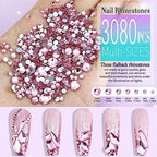 Dowarm 3200PCS Nail Art Rhinestones, Light Pink Flatback Rhinestones for Nails, Crafts, 12 Styles 3D Glass Crystal Nail Gems
