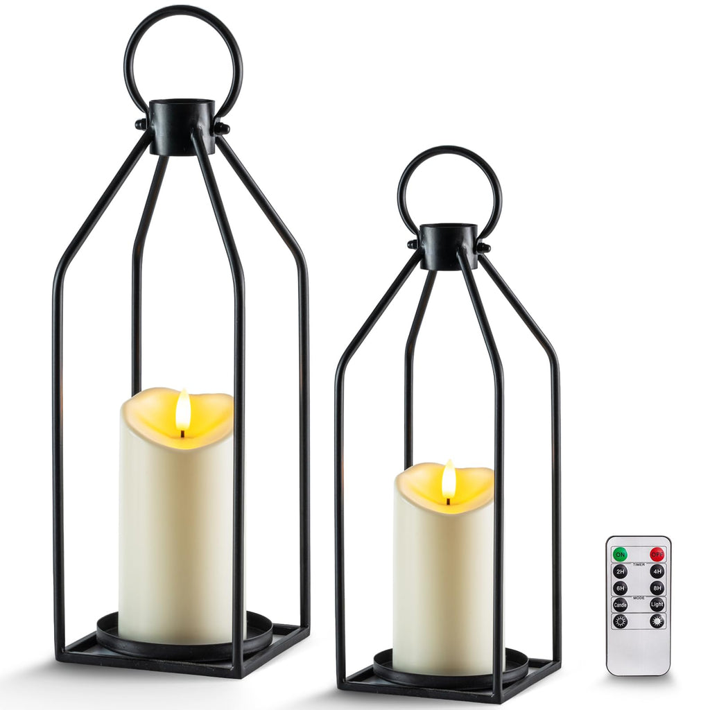 Homemory Modern Farmhouse Black Metal Lanterns 2PCS with Flameless Candle