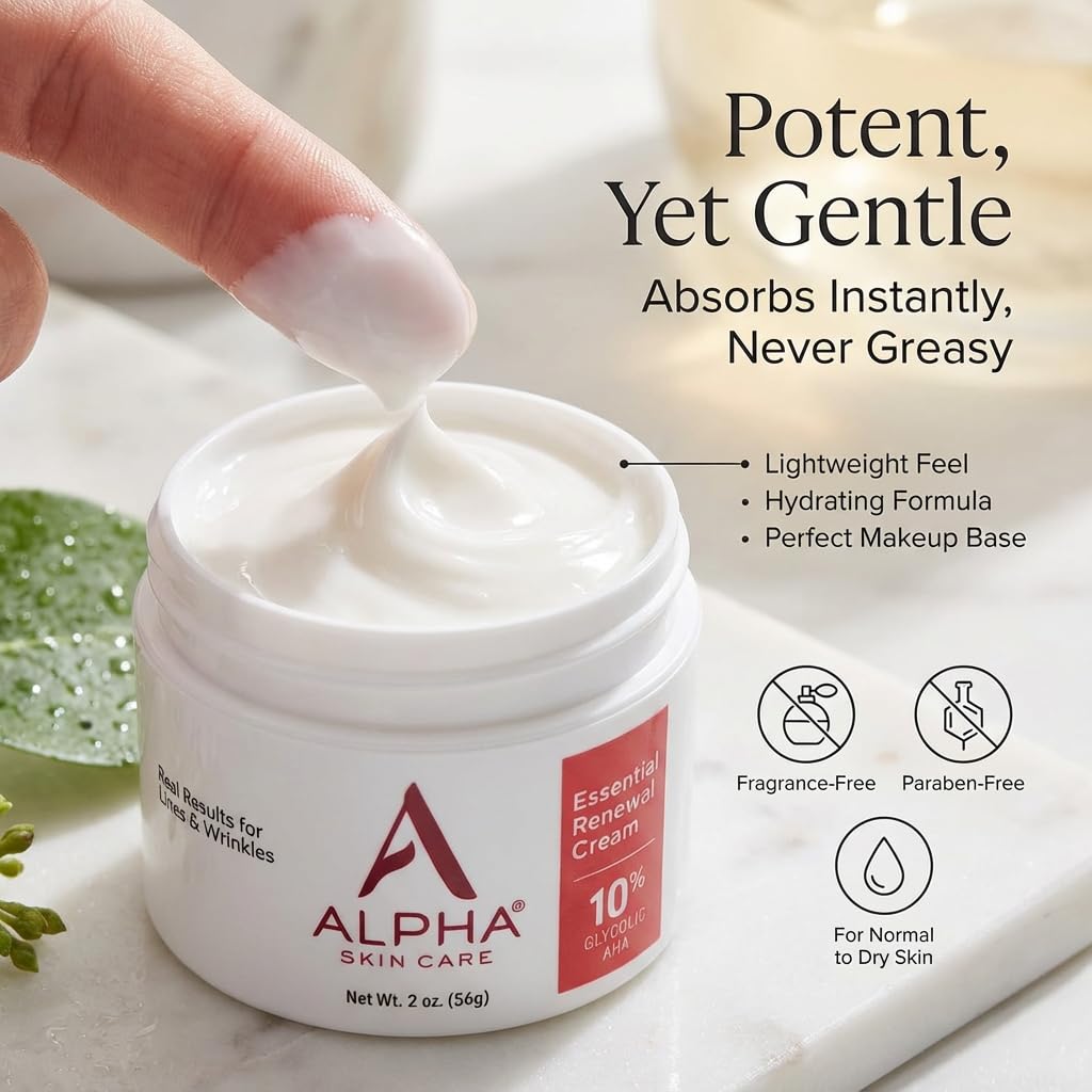 Alpha Skin Care Essential Renewal Cream, 10% Glycolic AHA, Anti-Aging Formula, Reduces Lines & Wrinkles, Alpha Hydroxy Acid Exfoliates for Smoother Skin, Normal, Sensitive or Dry Skin, 2 Oz