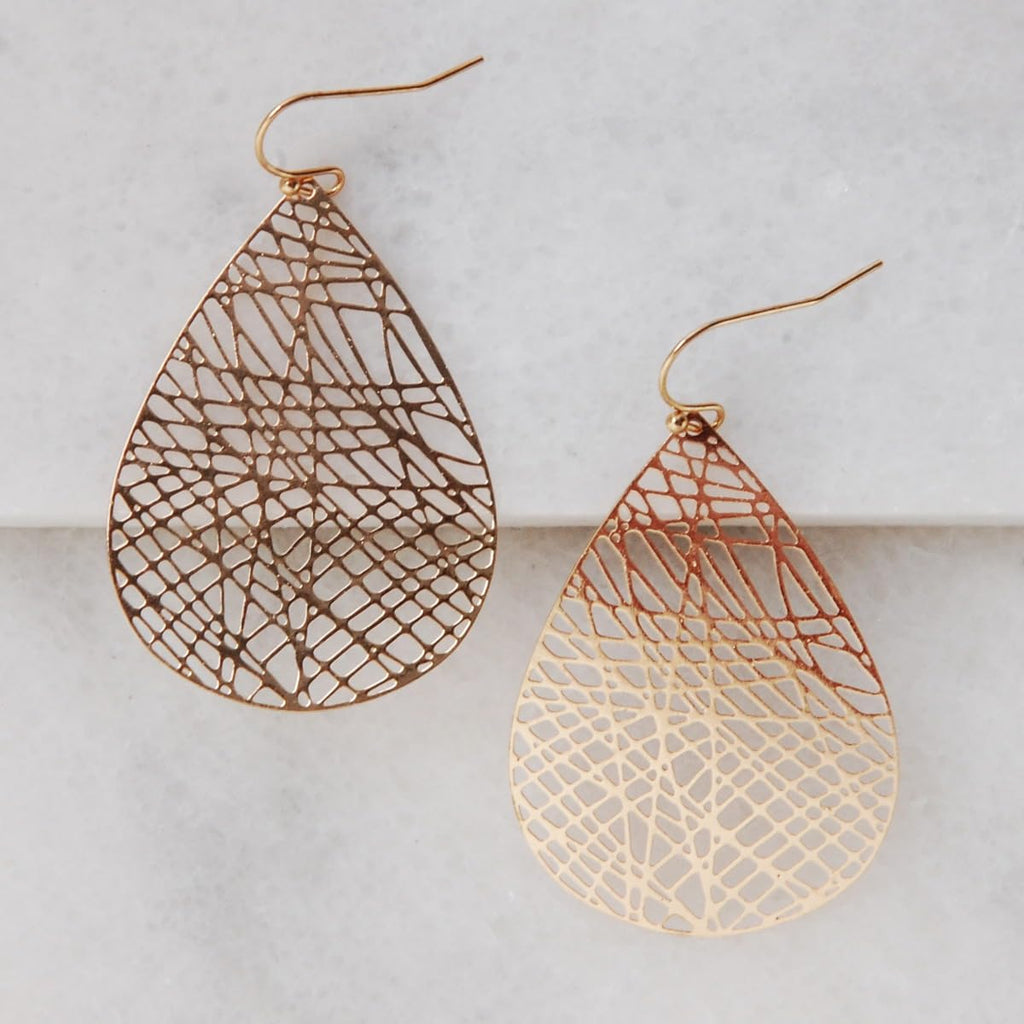 Gold Tone Dangle Earrings for Women - Large Filigree Boho Dangly Teardrop