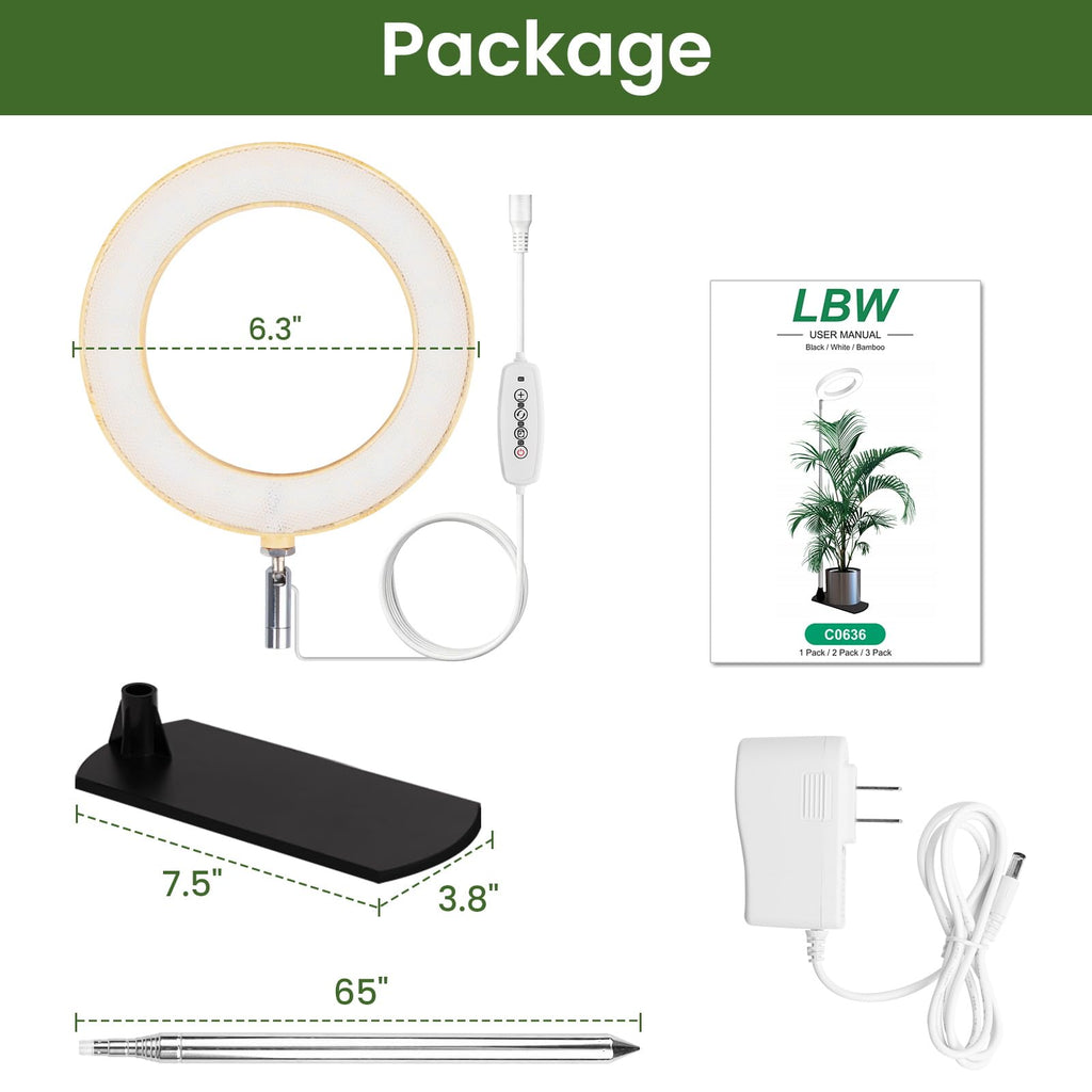 LBW Grow Lights for Indoor Plants, 6.3" Full Spectrum Plant Light with Base, 65" Height Adjustable Grow Lamp, 6/8/12/16H Auto Timer, 3 Colors, 5 Dimmable Levels, for Tall Large Plants, Bamboo Grain