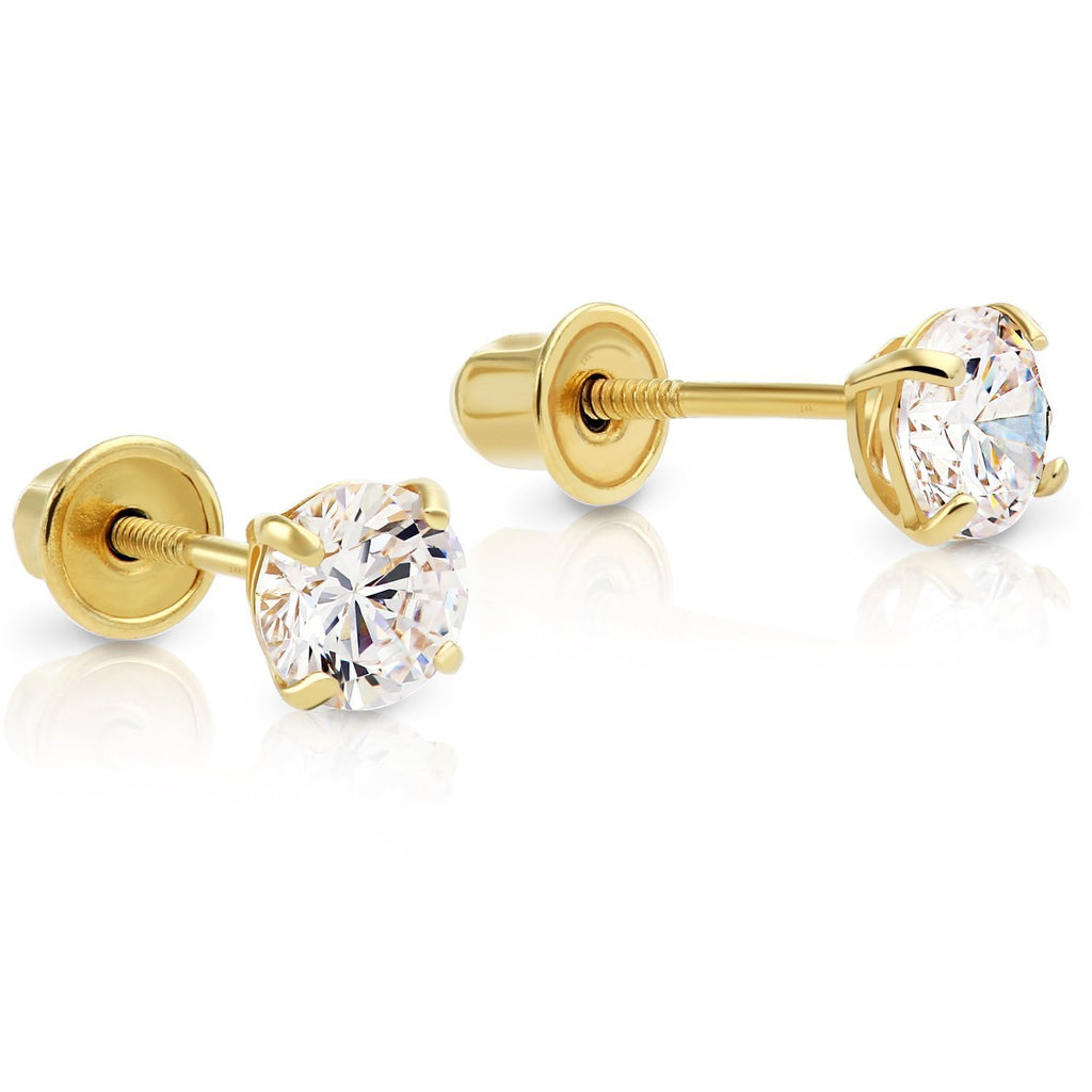 14k Yellow Gold Solitaire Round Cubic Zirconia Stud Earrings Basket-set CZ with Screw On Secure Screw-backs, 4mm