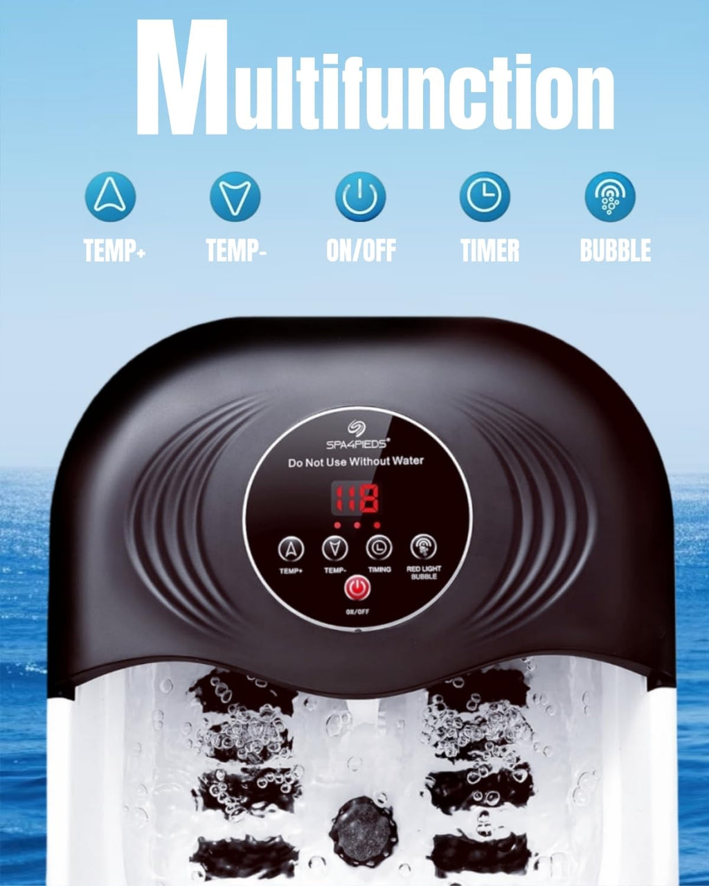 SPA4PIEDS Collapsible Heated Foot Spa Bath with Bubble, Foot Soaking Tub Featuring 8 Shiatsu Rollers, Pumice Stone and Built-in Timer for Mom, Dad and Foot Relaxation (Black)