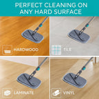 TRUE & TIDY Square Spin Mop & Bucket System – Dual Chamber for Clean & Dirty Water, 360° Rotating Self-Wringing Mop with Built-in Scrub Brush, Stainless Steel Handle & 2 Reusable Microfiber Mop Pads