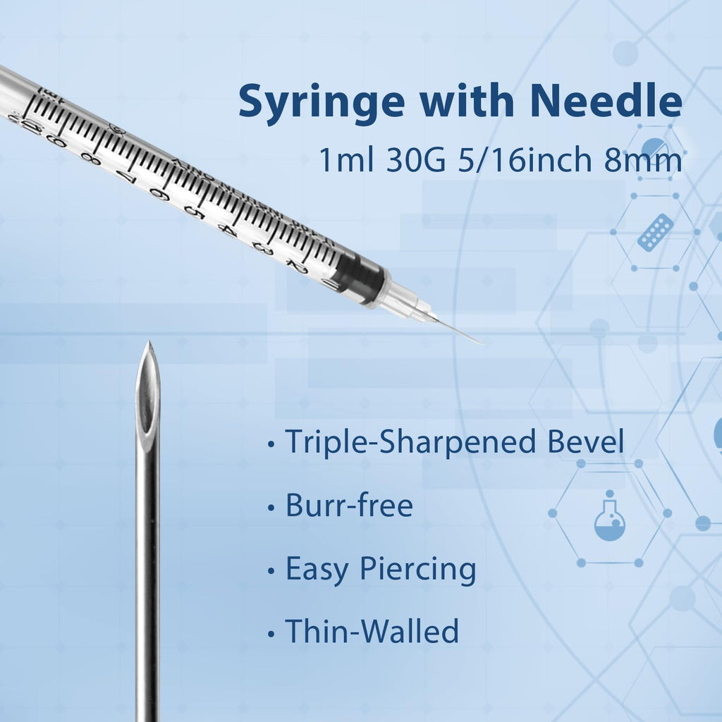 100 Pack Syringes with Needle, 1ml 30G 5/16 Inch 8mm Syringe