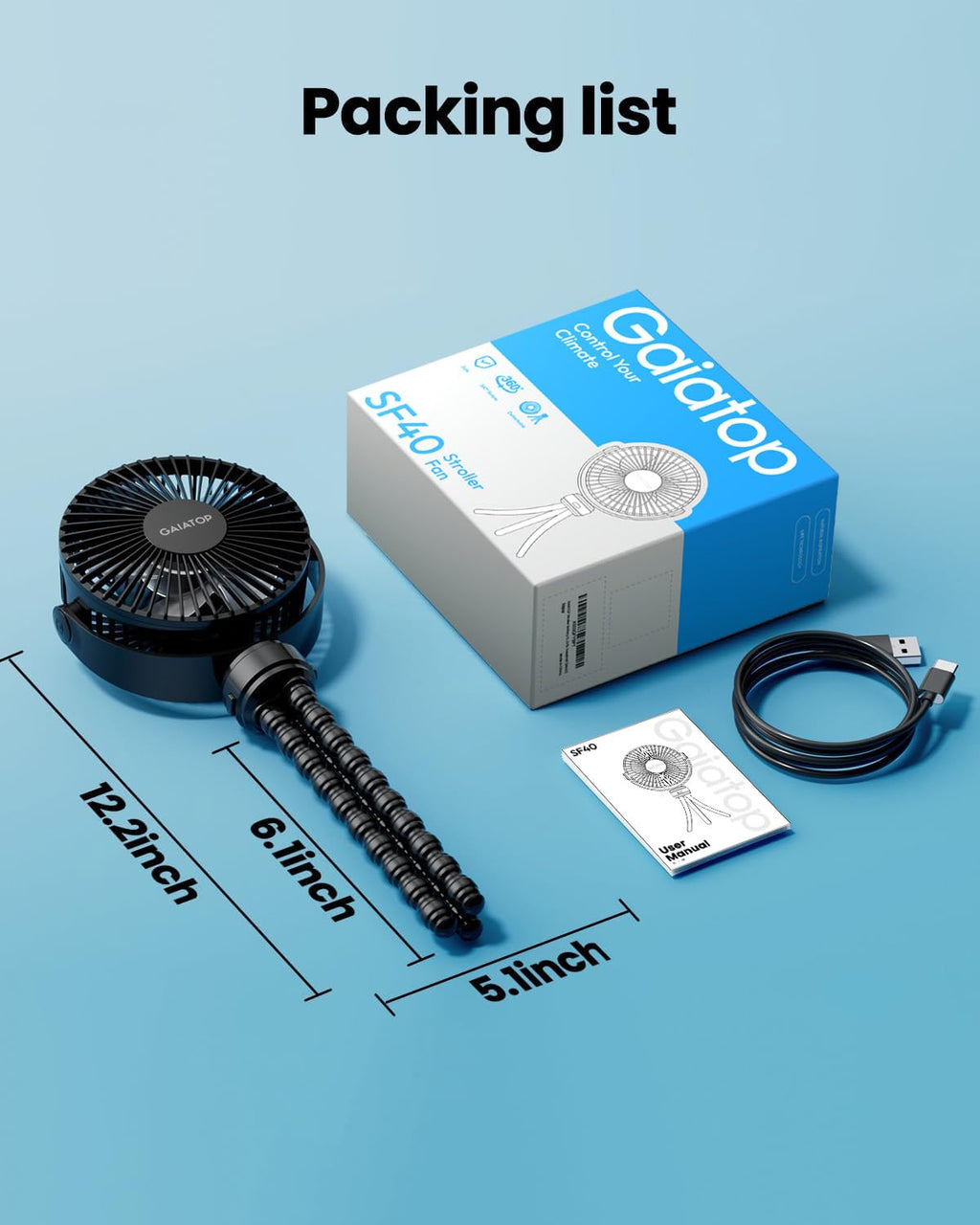 Gaiatop Mini Portable Stroller Fan, Small Clip on Fan 3 Speed Rechargeable