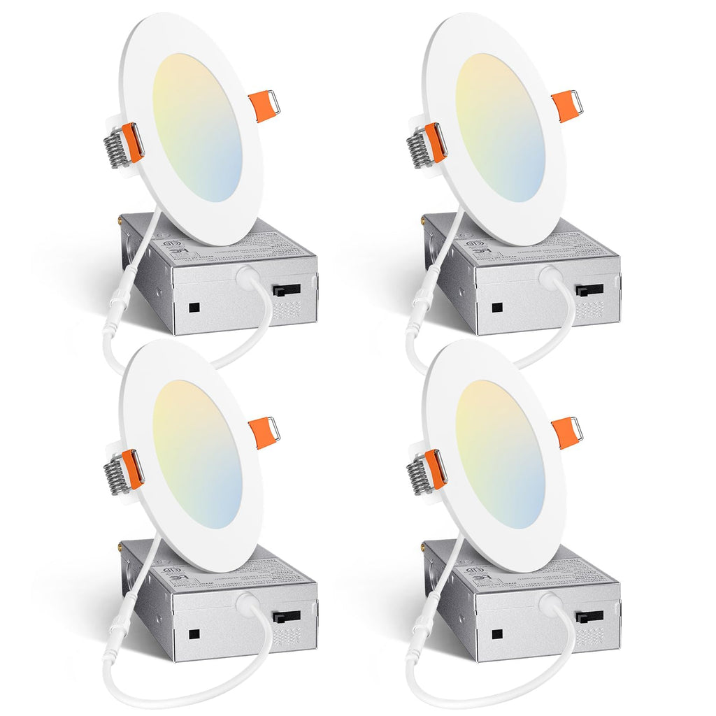 Amico 4 Pack 4 Inch 5CCT Ultra-Thin LED Recessed Ceiling Light with Junction Box, 2700K/3000K/3500K/4000K/5000K Selectable, 10W Eqv 60W 800LM Brightness Dimmable Canless Wafer Downlight, ETL & FCC