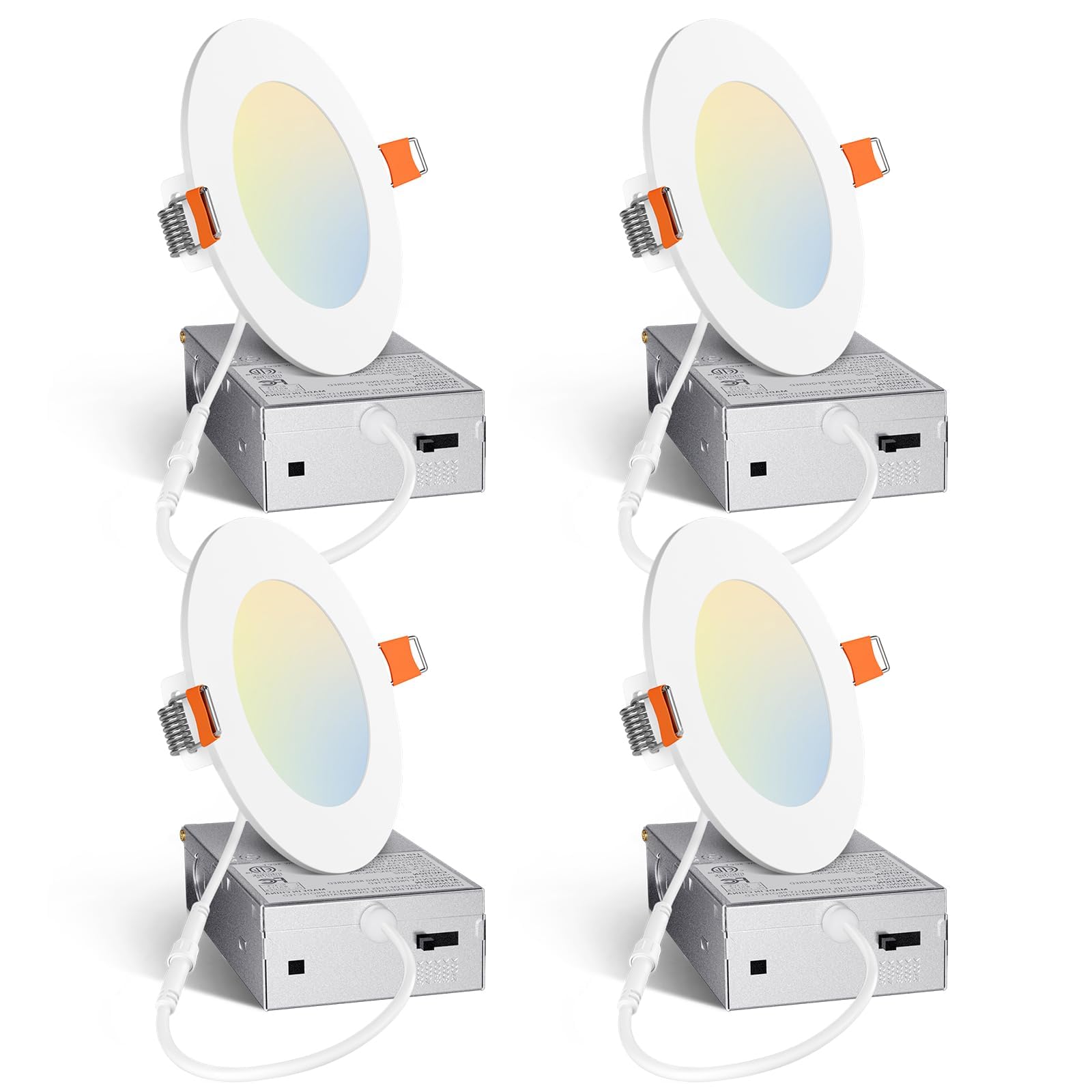 Amico 4 Pack 4 Inch 5CCT Ultra-Thin LED Recessed Ceiling Light with Junction Box, 2700K/3000K/3500K/4000K/5000K Selectable, 10W Eqv 60W 800LM Brightness Dimmable Canless Wafer Downlight, ETL & FCC