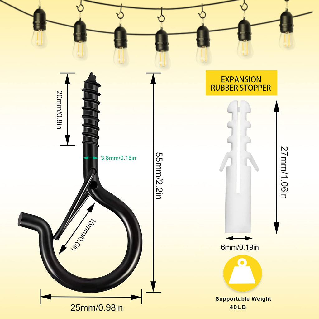 cyrico Hooks for Outdoor String Lights, 20 Pack Cup Screw Hooks for Hanging Plants Fairy Led Party Christmas Lights Garage Wind Chimes Black Q Hanger with Safety Buckle Design Easy to Release