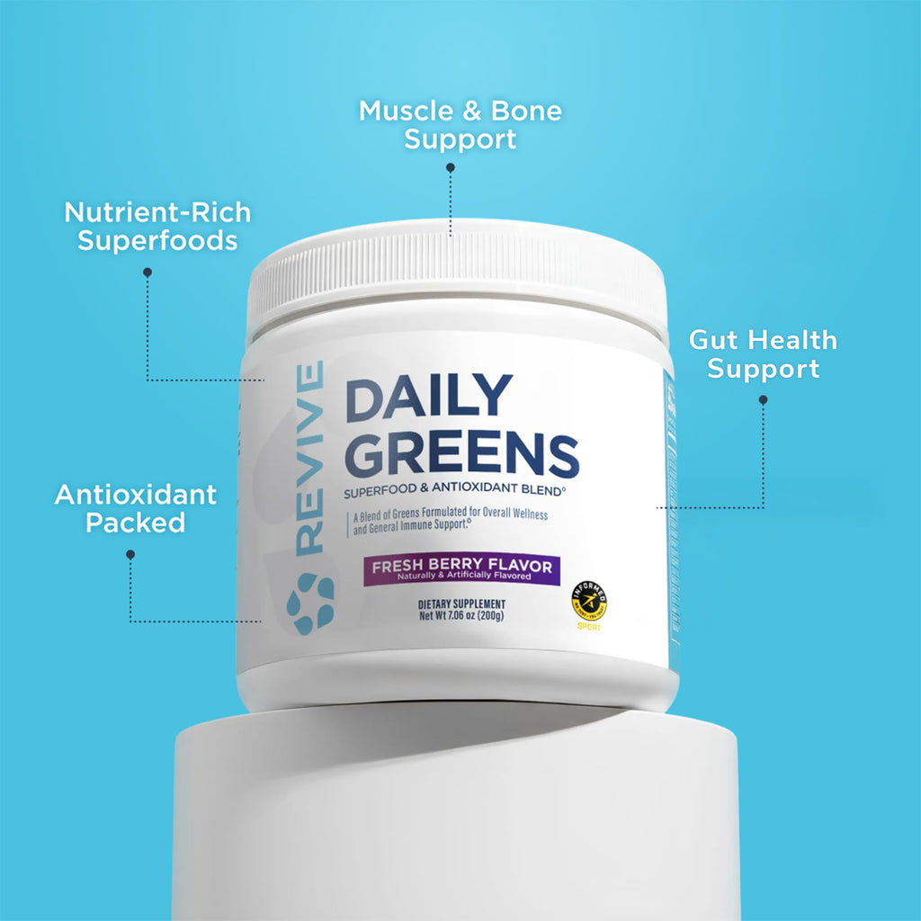 Revive MD Daily Green Powder Superfood (Fresh Berry) - Supergreens Powder to Support Energy Levels - Green Juice that Improves Fiber Intake - Vegetable Supports Digestion and Gut Health (30 Servings)