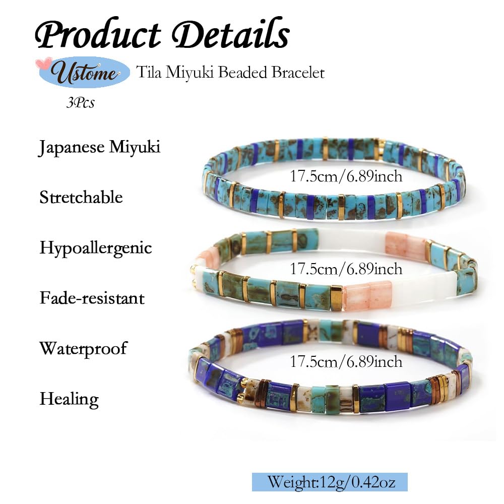 Ustome Tila Flat Square Stack Beaded Bracelets Set for Women Men, Boho Romantic Handmade Colorful Stretch Accessories Jewelry,Party Holiday Friendship Gift