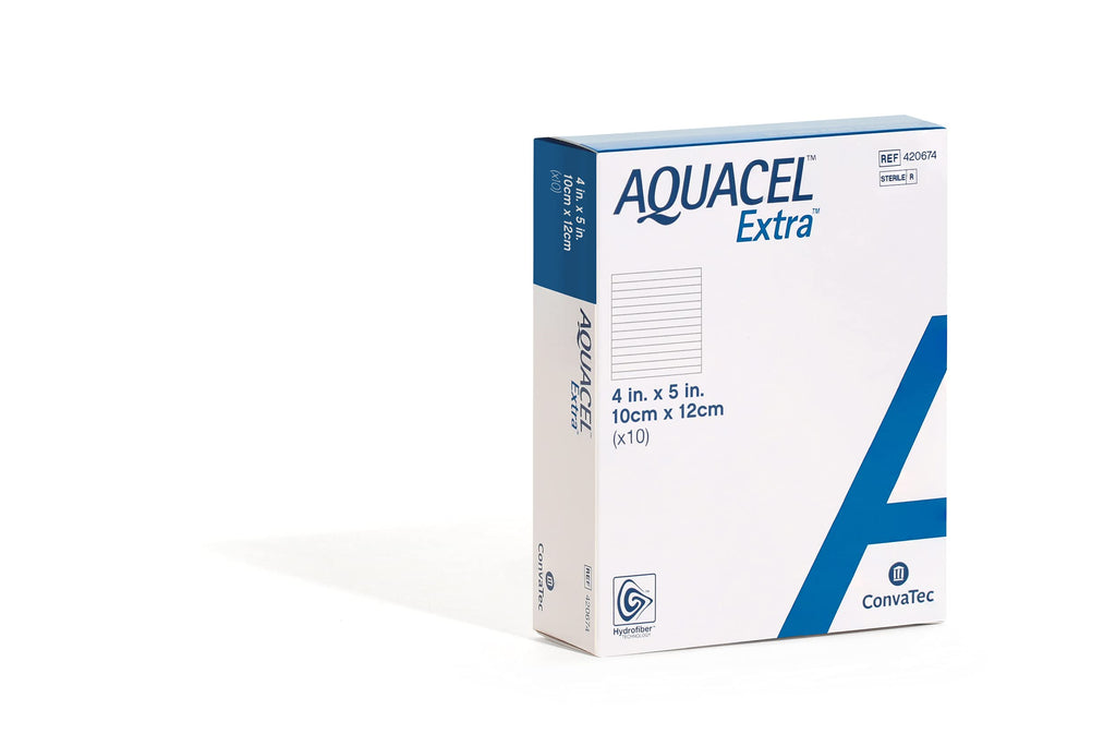 ConvaTec AQUACEL Extra 4"x5" Hydrofiber Absorbant Dressing for Moderate to Highly Exuding Wounds, Non-Woven Two-Dimensional Strengthening Fibers, Rectangle, 10ct Box