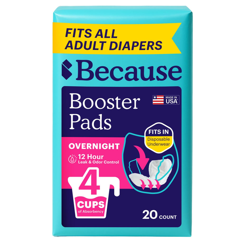Because Overnight Incontinence Booster Pads for Men and Women, Adds 4 Cups Extra Absorbency to Adult Diapers, Super Soft, Adhesive Strip Backing, Unisex, 20 Count