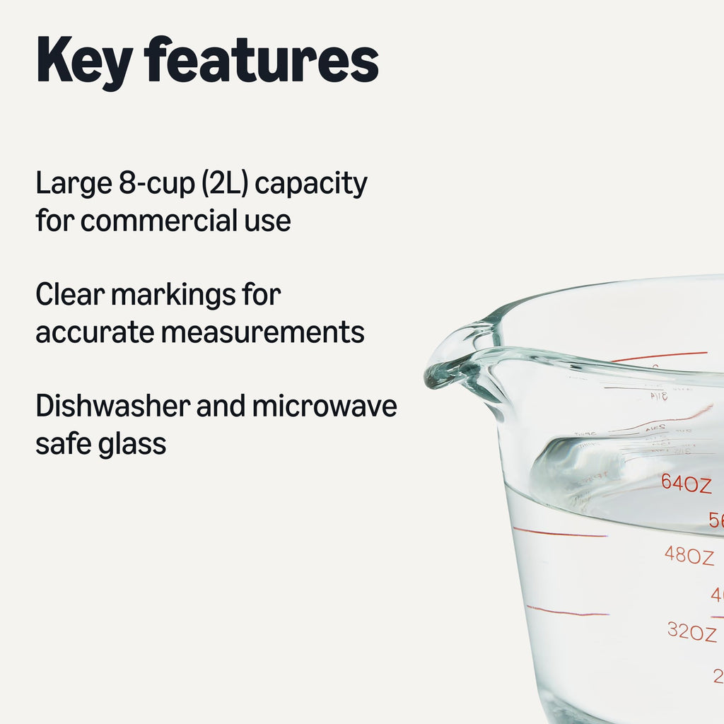 Amazon Basics Large Size Glass Measuring Cup, 8 Cup, Easy-to-Read Markings, Dishwasher/Microwave/Freezer/Oven Safe (Previously AmazonCommercial)