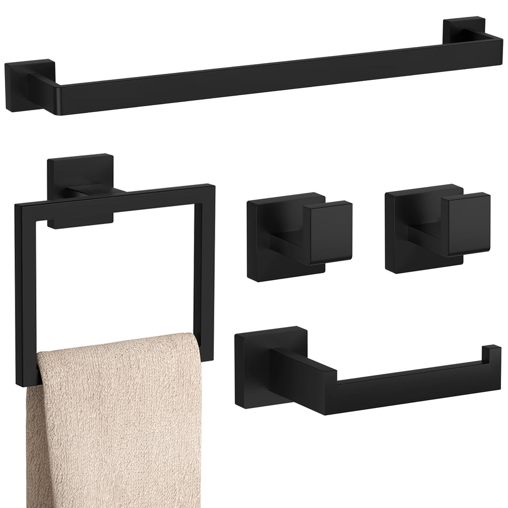 5-Pieces Matte Black Bathroom Accessories Set, 23.6 Inch Bath Towel Bar Set, SUS 304 Stainless Steel Bathroom Hardware Set, Towel Racks for Bathroom Wall Mounted.