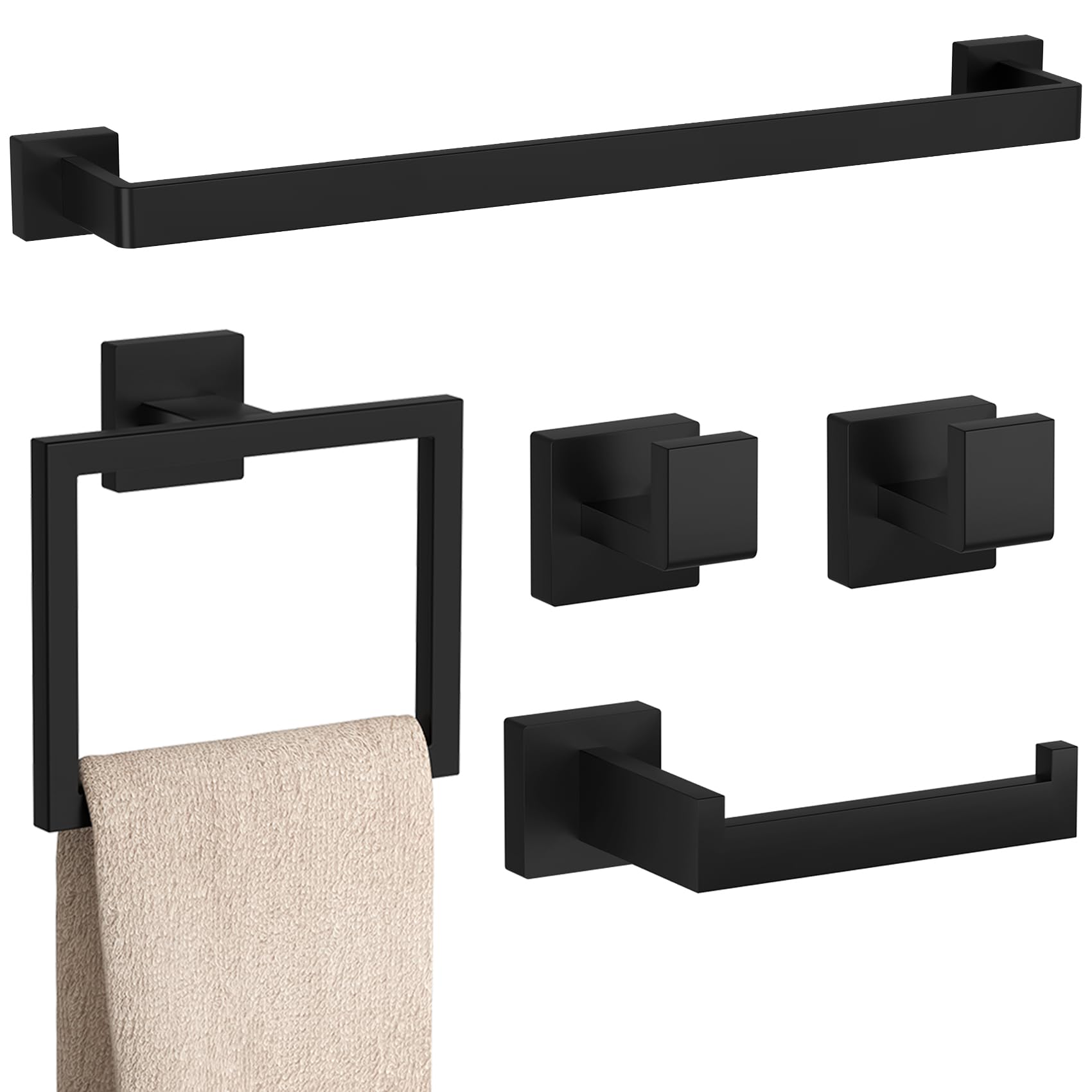 5-Pieces Matte Black Bathroom Accessories Set, 23.6 Inch Bath Towel Bar Set, SUS 304 Stainless Steel Bathroom Hardware Set, Towel Racks for Bathroom Wall Mounted.